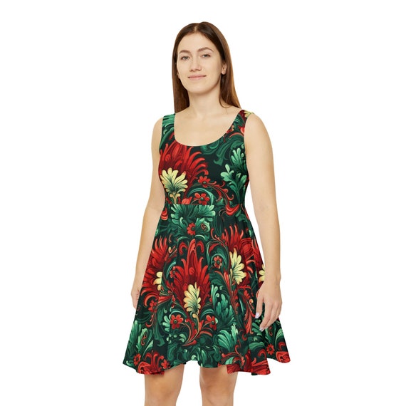 Floral Skater Dress: Red & Green Boho City Style