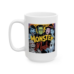 Monster Mash White Mug - Classic Movie Monsters Coffee Cup, Comic Book Style Horror Design