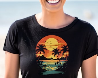 Beach Sunset Graphic T-Shirt: Coastal Palm Tree Design