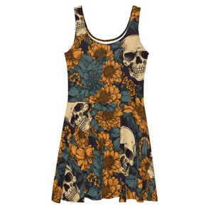 Traditional Skulls and Marigolds Dress for Parties, Holidays and Day of the Dead Celebration