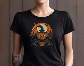 May include: Black t-shirt with a graphic of a jack-o'-lantern wearing a witch's hat in front of a full moon and a spooky village.