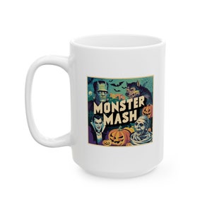 MONSTER MASH White Mug - Spooky Halloween Coffee Cup, Classic Monster Party Design