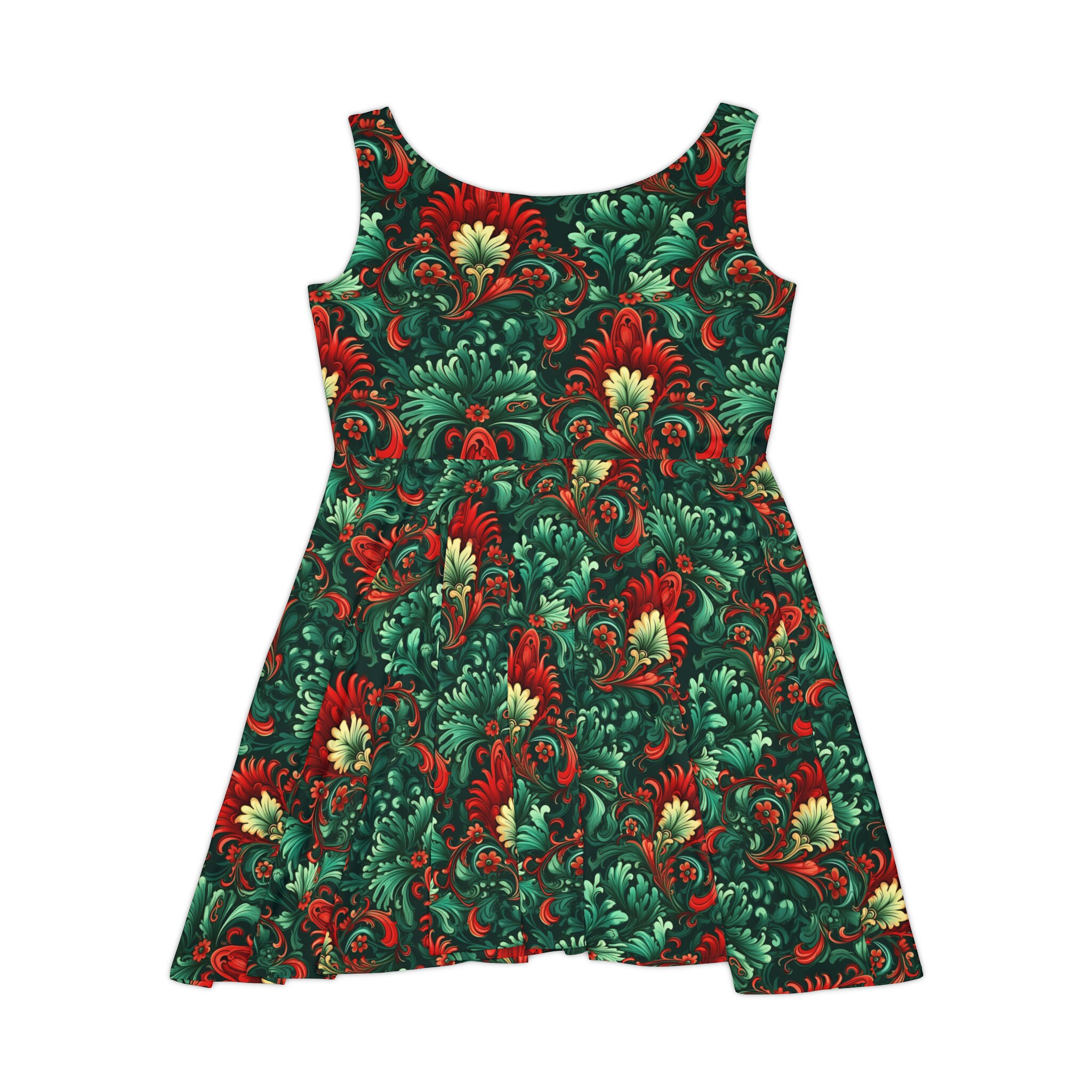 Green & Red Floral Dress: Boho Style Polyester Spandex Blend