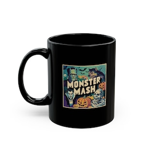 MONSTER MASH Black Mug - Spooky Halloween Coffee Cup, Classic Monster Party Design
