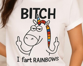 Funny Unicorn Shirt Bitch I Fart Rainbows Middle Finger Tee LGBTQ Pride Humor Gift