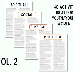 May include: Four pages of activity ideas for youth and young women, organized by category: Spiritual, Social, Physical, and Intellectual. The pages are titled with the category name in a colored box.