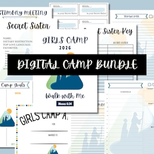 Könnte beinhalten: Eine Sammlung druckbarer digitaler Camp-Aktivitätsblätter. Die Blätter umfassen ein Zeugnistreffenformular, einen geheimen Schwester-Schlüssel, Camp-Ziele und einen Zeitplan. Der Text "DIGITAL CAMP BUNDLE" wird in einem schwarzen Rechteck angezeigt. Die Farben sind hauptsächlich Blau, Weiß und Gelb.