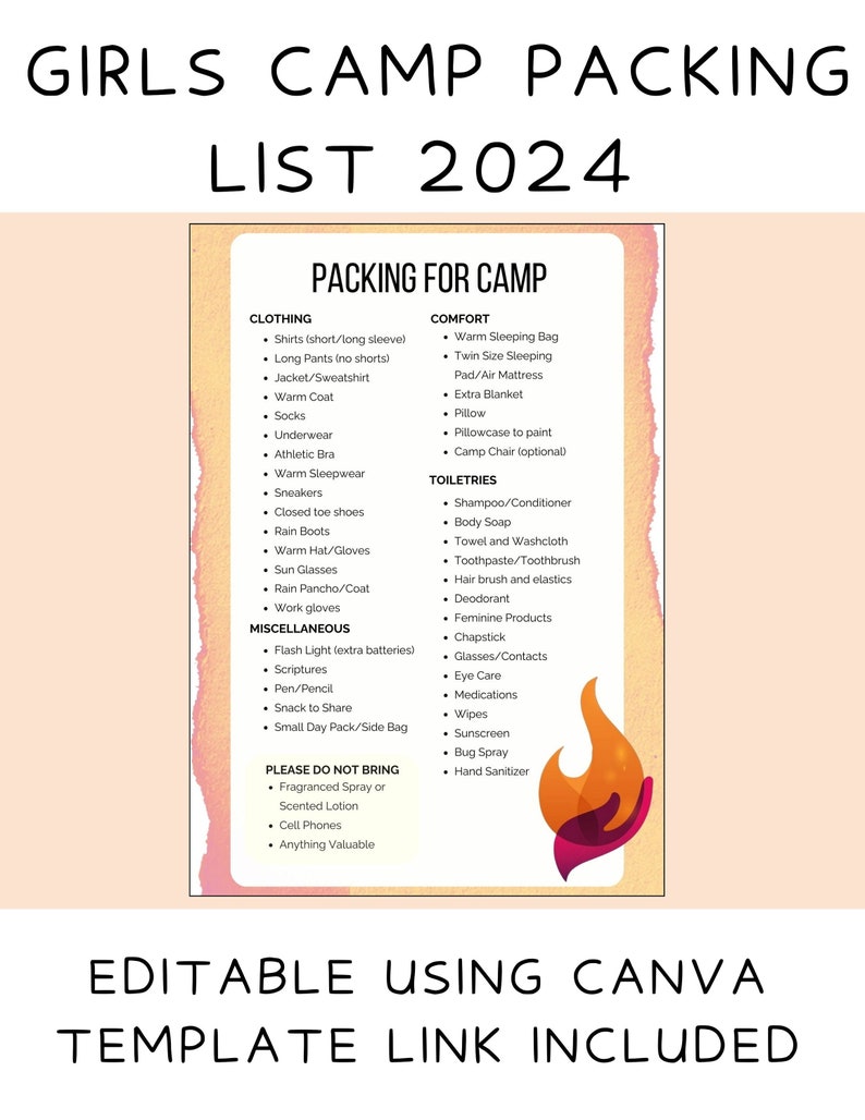 Girls Camp Packing List 2024 Etsy