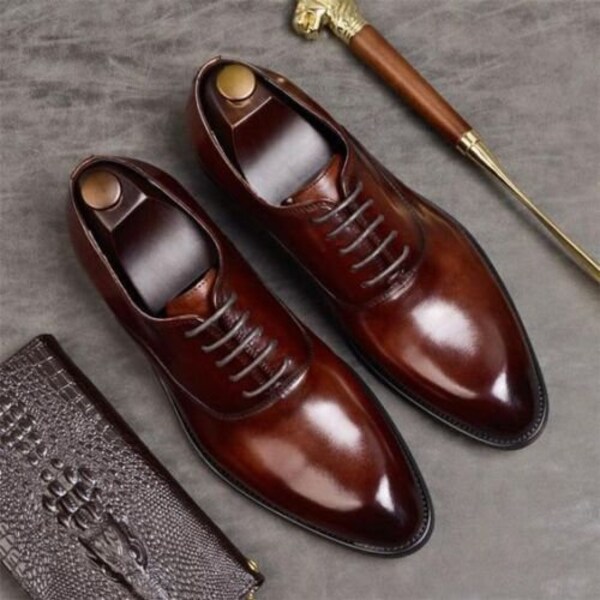 Handmade Goodyear Welted Men Genuine Brown Leather Oxford Lace up Formal Shoes