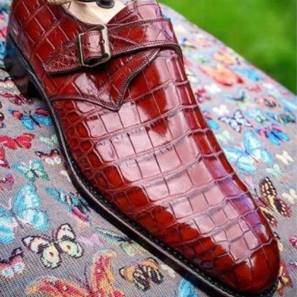 Handmade Classy Look Men's Red Alligator Monk Style Wedding Goodyear welted Shoes