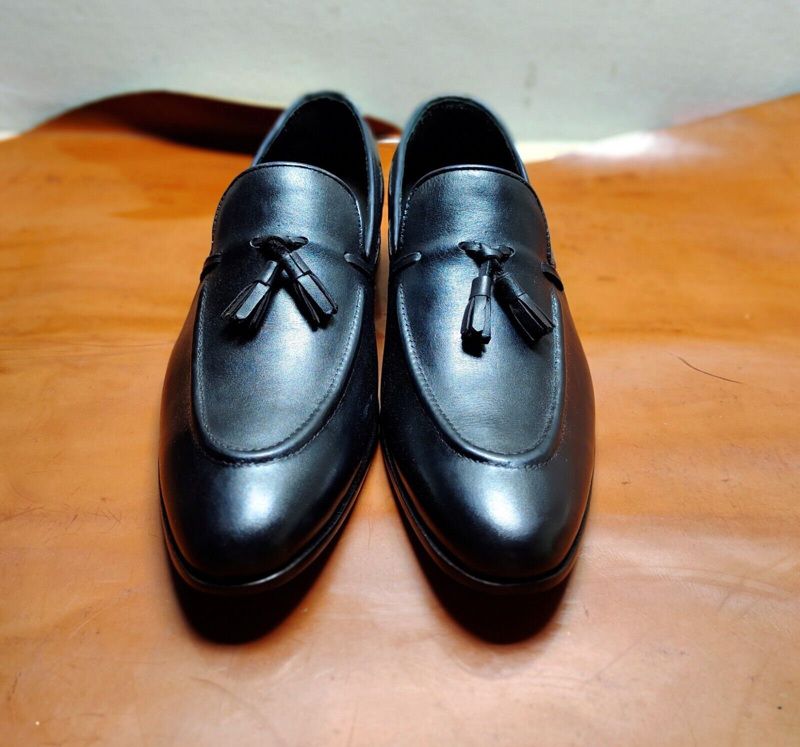 Handmade Men s Genuine Black Leather Loafer Moccasin Slip on Tassels Dress Shoes Etsy