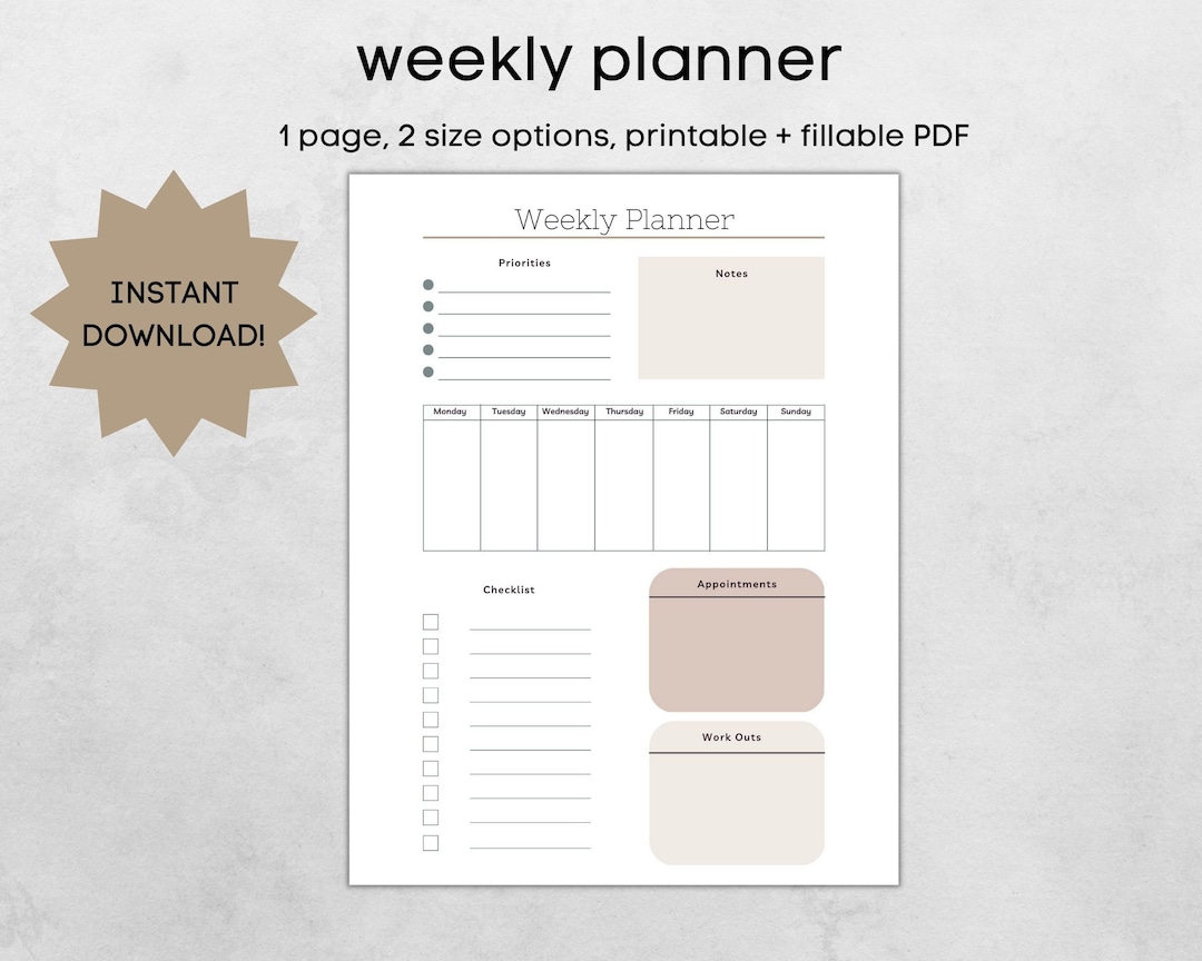 Printable Weekly Planner PDF, to Do List, Weekly Schedule, Productivity ...