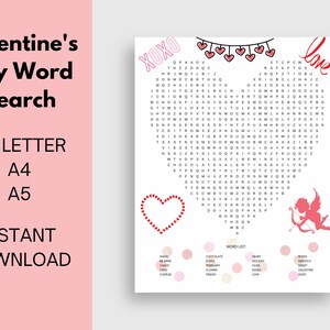 Sopa de letras del día de San Valentín en formato A4 y A5