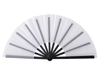 May include: A white folding fan with black ribs and a black handle. The fan is open and the white fabric is spread out.
