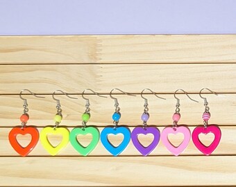 Neon mini oorbellen met hol hart: heldere statement hangers - Retro Rave Y2K Pop Jewelry