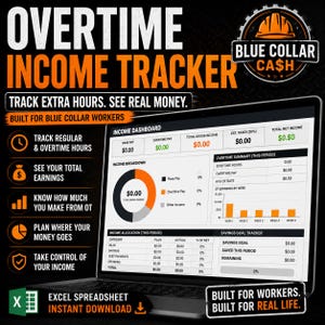 May include: A laptop screen displays an "Overtime Income Tracker" spreadsheet. The graphic includes financial data, charts, and the text "Track Extra Hours. See Real Money." The design is geared towards blue-collar workers.