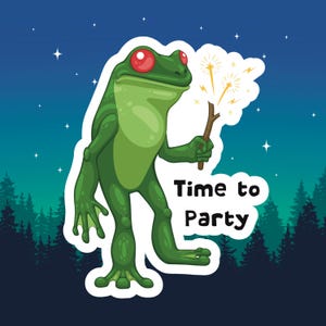 May include: A green cartoon frog with red eyes holding a sparkler against a night sky background. The text "Time to Party" is below the frog. The frog is a sticker or graphic.