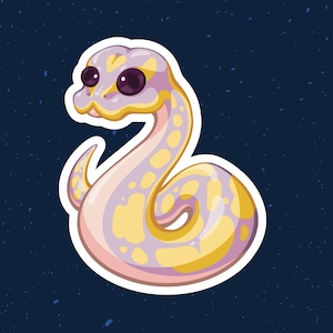 May include: A cartoon illustration of a yellow and pink snake with black eyes. The snake is curled up in a circle and has a white outline.
