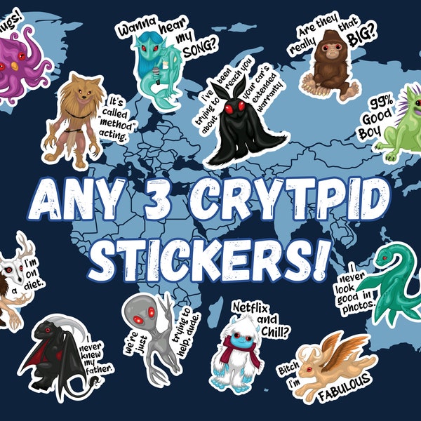 Misunderstood Cryptid Sticker Pack, Funny Creepy Goth Stickers, Mothman Sasquatch Skinwalker Wendigo Chupacabra Kraken Jackalope Bundle
