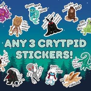 Misunderstood Cryptid Sticker Pack, Funny Creepy Goth Stickers, Mothman Sasquatch Skinwalker Wendigo Chupacabra Kraken Jackalope Bundle