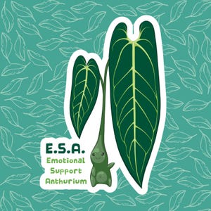 May include: A sticker featuring a cartoon illustration of an Anthurium plant with large, dark green leaves and a smiling, plant-like character. The text "E.S.A. Emotional Support Anthurium" is also included. The background is teal with white leaf outlines.