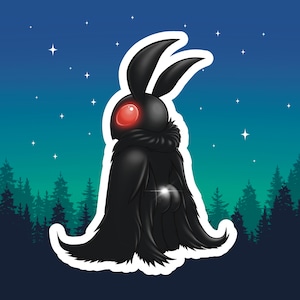 May include: A black moth with red eyes and a furry cape stands against a dark blue night sky with white stars.