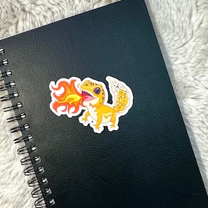 Peut inclure: Un carnet &agrave; spirales noir avec un autocollant repr&eacute;sentant un gecko de dessin anim&eacute; crachant du feu sur la couverture.