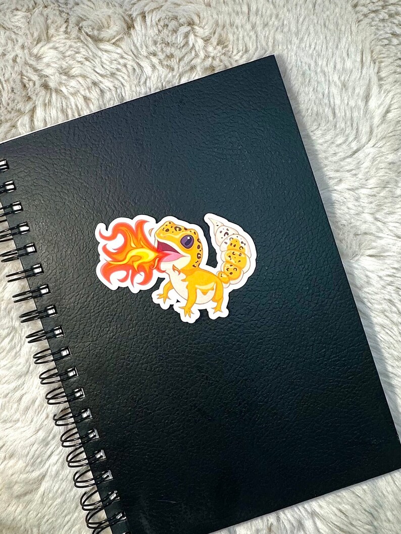 Peut inclure: Un carnet &agrave; spirales noir avec un autocollant repr&eacute;sentant un gecko de dessin anim&eacute; crachant du feu sur la couverture.
