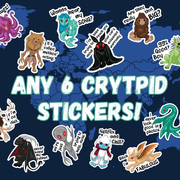 Misunderstood Cryptid Sticker Bundle Pack, Funny Creepy Goth Stickers, Mothman Sasquatch Skinwalker Wendigo Chupacabra Kraken Jackalope