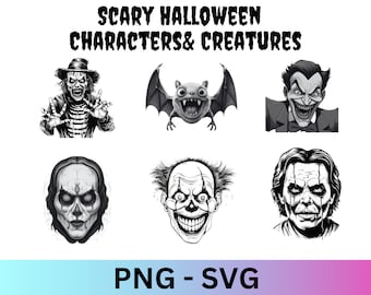 Personnages et créatures effrayants d’Halloween Fantômes, Goules, Sorcière, Vampires, Dracula, Chauves-souris, Fantôme, Freddy, Chucky, Loup-garou 30 PNG & SVG