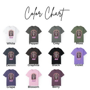 May include: A color chart displaying eleven short-sleeve t-shirts in white, pepper, grey, moss, denim, graphite, black, violet, grape, blossom, and berry. Each shirt features a graphic of a doll in a pink arch with the text Do You Guys Ever Think About Dying?