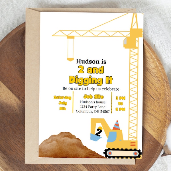 2 and Digging It Birthday Invitation, Editable Construction Birthday Invitation, Canva Template, Instant Download, Digital invitation