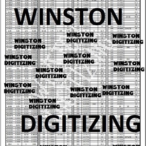 May include: A black and white chart with the title "Metric Conversion Chart" and the word "Winston Digitizing" repeated throughout. The chart shows conversions between millimeters, inches, and centimeters.