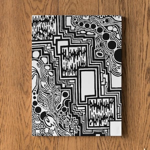 Puede incluir: Impresión de arte abstracto en blanco y negro con un patrón geométrico de círculos y líneas. La impresión tiene un estilo moderno y minimalista.