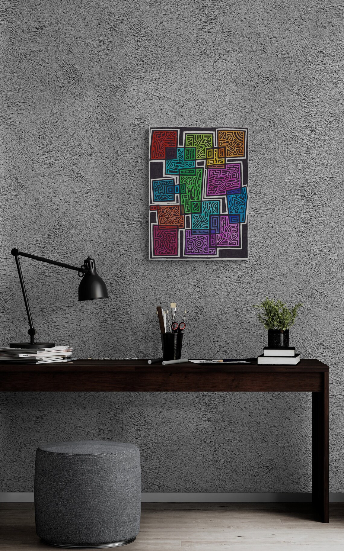 Wacky Colorful Sqares Abstract Matte Poster Mosaic Inspired Ink Drawing ...