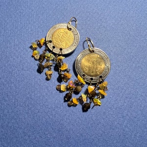 Chandelier Earrings with Mexican Pesos, Fire Opal and Faceted Golden Obsidian Beads