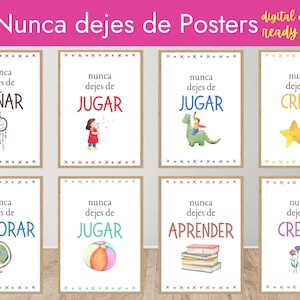 以下が含まれることがあります： 「夢をあきらめないで」や「遊ぶのをやめないで」など、スペイン語のインスピレーションフレーズが書かれた8枚のデジタルポスターセット。各ポスターには水彩イラストと装飾的なボーダーが施されています。印刷可能な状態です。