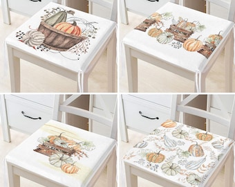 Fall Trend Set of 4 Square Chair Pads|White & Orange Pumpkins with Rustic Autumn Elements|Cleanable Seat Pad