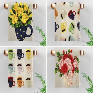 May include: Four different kitchen towels with floral and coffee cup designs. The first towel features yellow roses and a blue coffee cup. The second towel features a pattern of colorful coffee cups. The third towel features a pattern of colorful coffee cups. The fourth towel features red roses and a pink coffee cup.