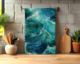 Nautical Tea Towel: Coastal Ocean Wave Print, 16x24 Inch