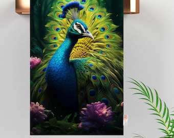 Vibrant Peacock Kitchen Towel: Floral Farmhouse Decor