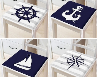Set of 4 Nautical Chair Cushion|Navy Blue Seat Pad with Ties|Anchor Wheel Compass Sailing Boat Soft Chair Pad|Coastal Outdoor Seat Cushion