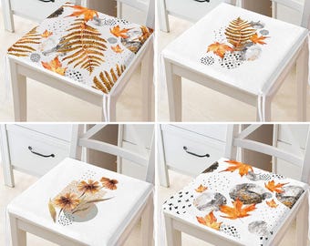Set of 4 Square Chair Pads|Autumn Leaves & Abstract Design Seat Cushion|Cozy Fall Style Kitchen Decor