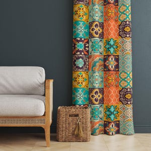 Cortinas estilo boho con azulejos marroquíes/Decoración para el hogar con patchwork artístico mediterráneo/Cortinas étnicas de estilo rústico/Tratamiento térmico aislante para ventanas