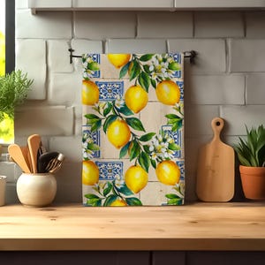 Lemon Hand Towel|Provence Citrus Tea Towel|Blue Tile Rustic Dishcloth|French Retro Country Kitchen Cleaning Cloth