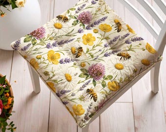Cottagecore Wildflowers Chair Cushion|Buttercup, Lavender, Thistle, Chamomile Seat Pad with Ties|Summer Flower Print Dining Chair Pad