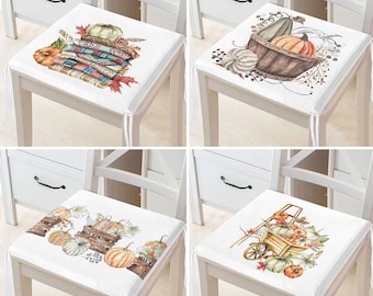 Fall-Inspired Decorative Chair Cushions|Square Chair Pads Featuring Wheelbarrows & Shelves, Set of 4|Easy Care Chair Pad
