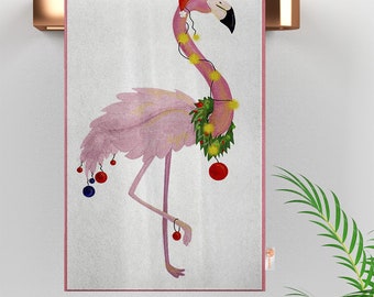 May include: A pink flamingo wearing a Santa hat and a Christmas wreath with lights around its neck. The flamingo is standing on a white background.