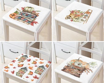 Fall Trend Square Chair Pads with Cozy Autumn Motifs|Crates, Blankets & Pumpkin Arrangements-Set of 4|Easy Care Seat Pad