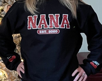 NANA collegiate Sweater established year faux glitter DTF printing sweatshirt